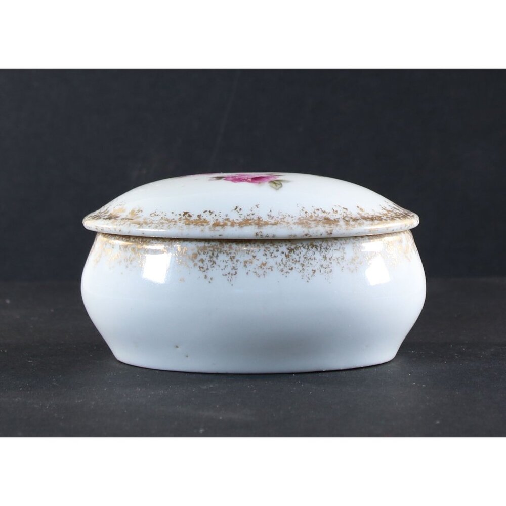 Porcelain Vanity Jar Trinket Box Pink Roses 1950s GC 2.25" Tall Vintage